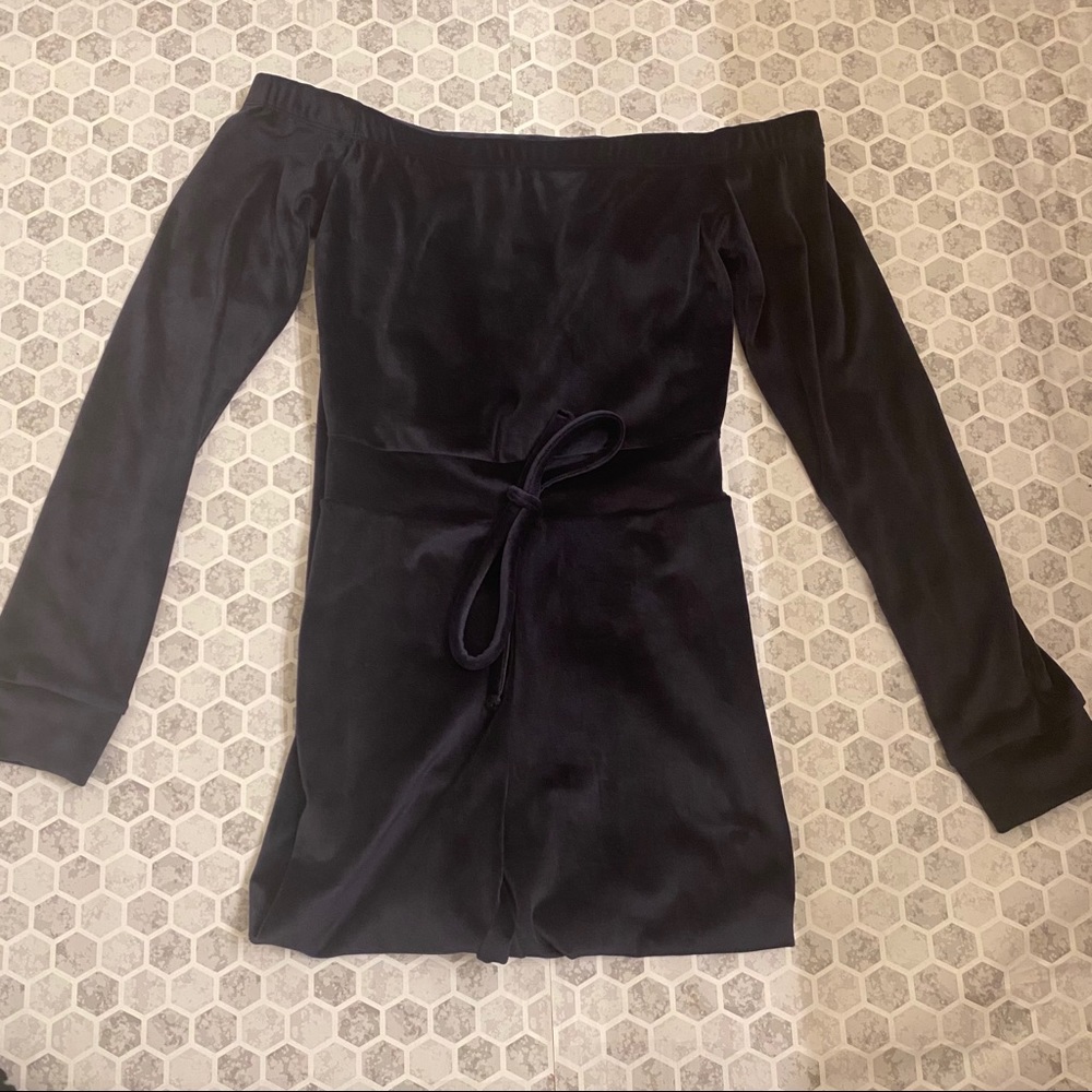 Navy Blue Off the Shoulder Velvet Jumpsuit